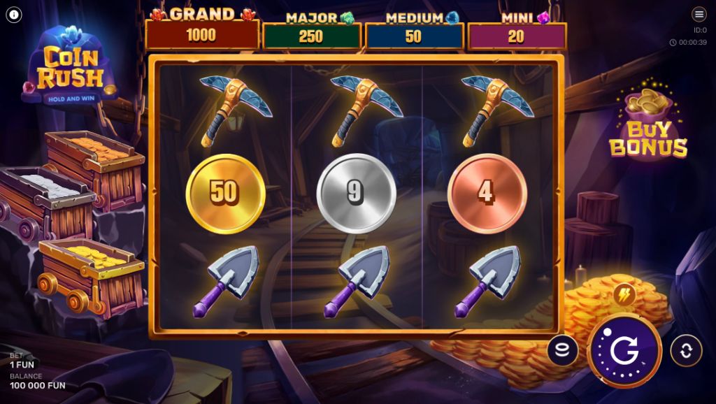 Desktop view of the mining reels showing picks, coins and shovels