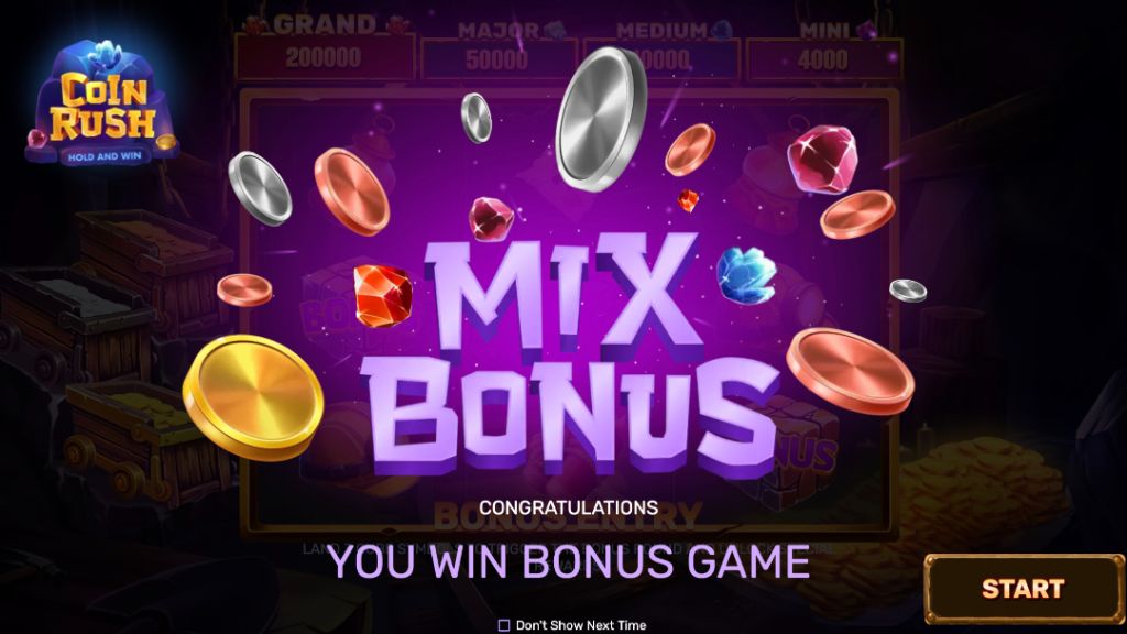 Mix bonus celebration screen with coins and crystals